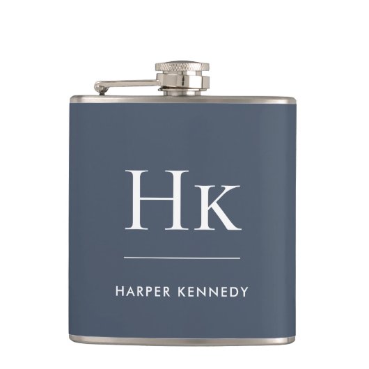Navy Blue White Monogram Elegant Personalized  フラスク (正面)