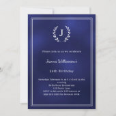 Navy blue white monogrammed wreath birthday 招待状 (正面)