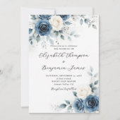 Navy Blue White Romantic Watercolor Floral Wedding 招待状 (正面)
