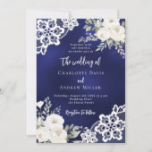 Navy blue white roses lace QR code wedding  招待状 (正面)