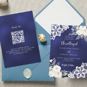 Navy blue white roses lace QR code wedding  招待状