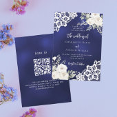 Navy blue white roses lace QR code wedding  招待状