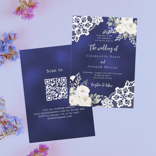 Navy blue white roses lace QR code wedding  招待状