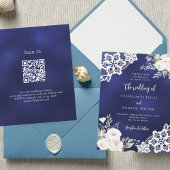Navy blue white roses lace QR wedding invitation