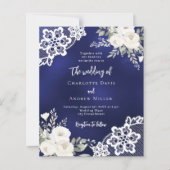 Navy blue white roses lace QR wedding invitation (正面)