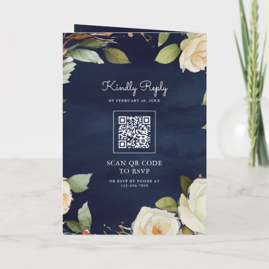 Navy Blue White Roses Mason Jar QR Code Wedding 招待状 (裏面)