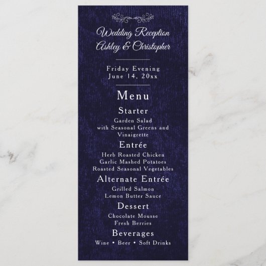 Navy Blue White Script Wedding Reception  メニュー (正面)