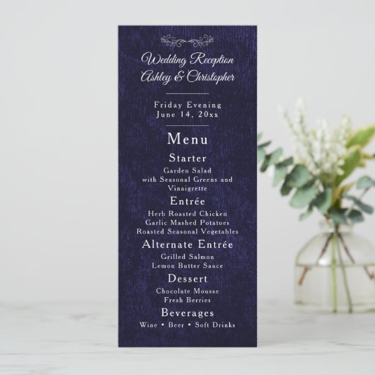Navy Blue White Script Wedding Reception  メニュー (スタンド正面)