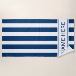 Navy Blue White Striped Beach Towel with Name ビーチタオル