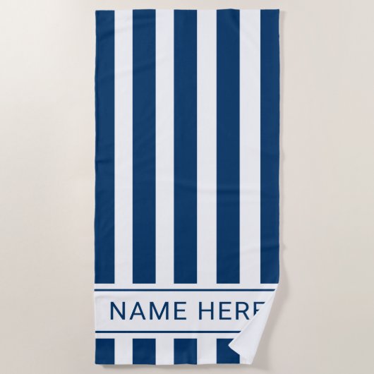 Navy Blue White Striped Beach Towel with Name ビーチタオル (正面)