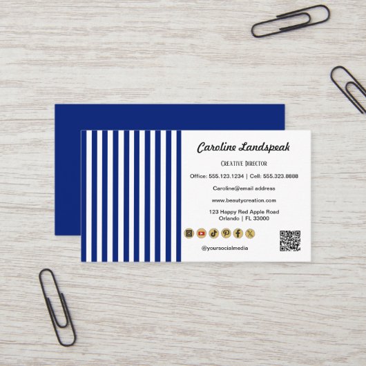 Navy Blue White Stripes QR Code, Social Media Icon 名刺 (正面/裏面インサイチュ)