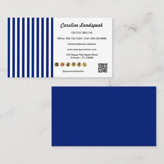 Navy Blue White Stripes QR Code, Social Media Icon 名刺 (正面/裏面)
