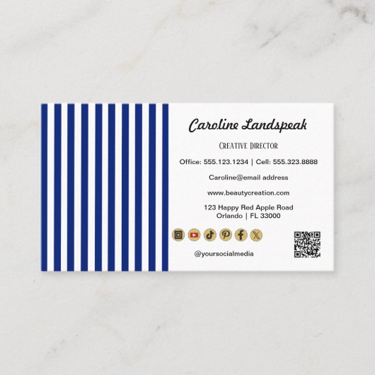 Navy Blue White Stripes QR Code, Social Media Icon 名刺 (正面)