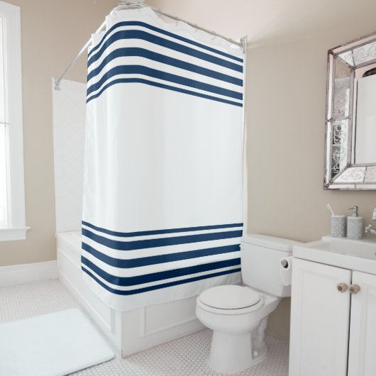 Navy Blue White Stripes Shower Curtain Nautical シャワーカーテン (インサイチュ)