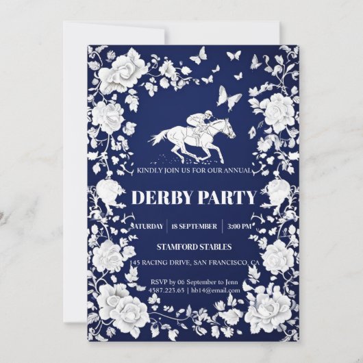Navy Blue & White Toile Floral Kentucky Derby Invi 招待状 (正面)
