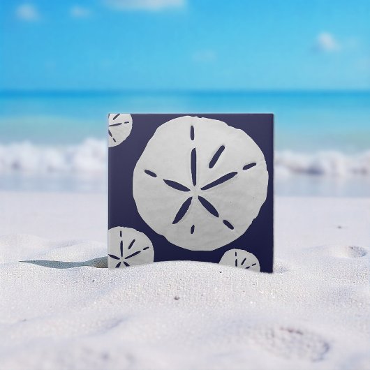 Navy Blue & White Tropical Beach Sand Dollar タイル