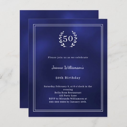 Navy blue white wreath elegant birthday invitation (正面/裏面)