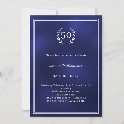 Navy blue white wreath minimalist birthday 招待状 (正面)
