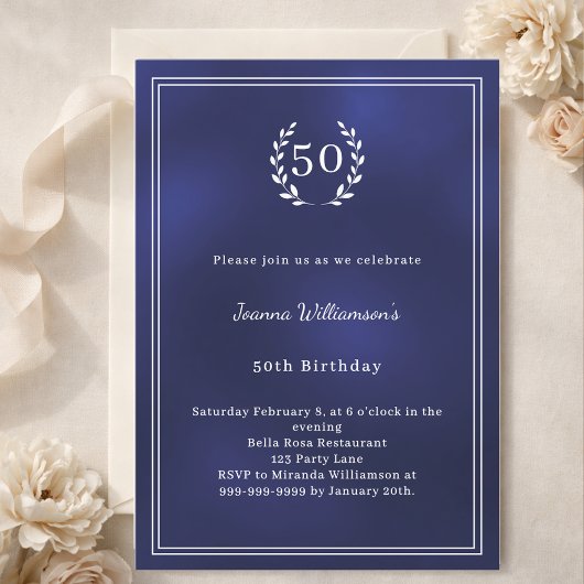 Navy blue white wreath minimalist birthday 招待状