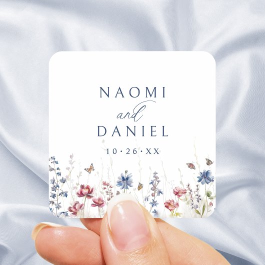 Navy Blue Wildflower Field Rustic Wedding Favors スクエアシール