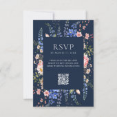 Navy Blue Wildflower Floral Wedding 出欠カード (正面)