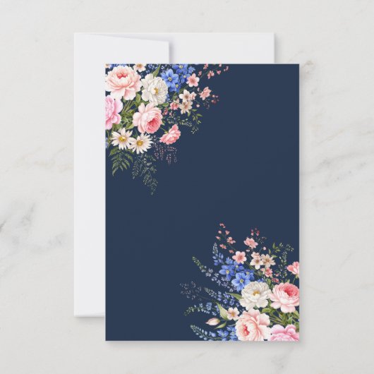 Navy Blue Wildflower Floral Wedding 出欠カード (裏面)