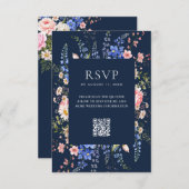 Navy Blue Wildflower Floral Wedding 出欠カード (正面/裏面)