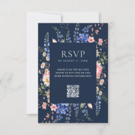 Navy Blue Wildflower Floral Wedding 出欠カード