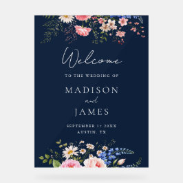 Navy Blue Wildflower Floral Wedding Welcome アクリルサイン