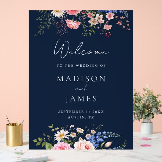 Navy Blue Wildflower Floral Wedding Welcome アクリルサイン (ウェディング)