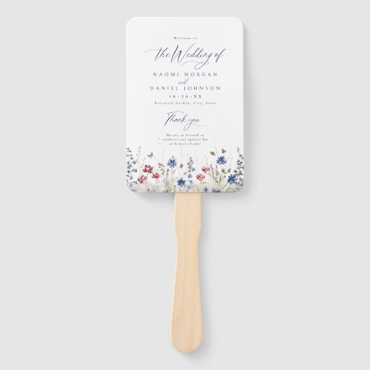 Navy Blue Wildflower Rustic Wedding Programs ハンドファン (正面)