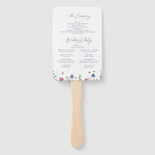 Navy Blue Wildflower Rustic Wedding Programs ハンドファン (裏面)