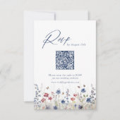 Navy Blue Wildflower Rustic Wedding QR code 出欠カード (正面)