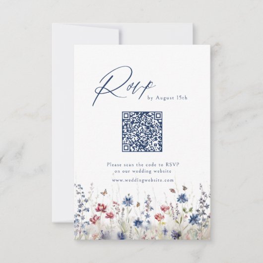 Navy Blue Wildflower Rustic Wedding QR code 出欠カード (正面)