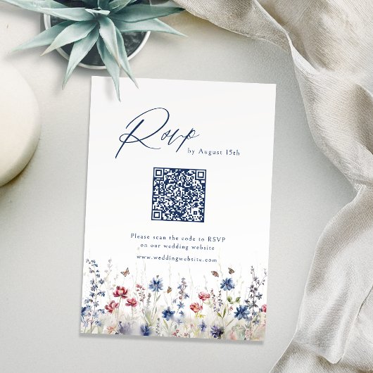 Navy Blue Wildflower Rustic Wedding QR code 出欠カード
