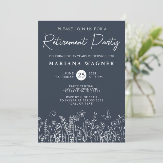Navy Blue Wildflowers Retirement Party Invitation 招待状 (スタンド正面)