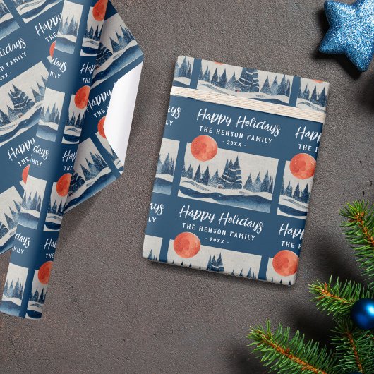 Navy Blue Winter Landscape Forest Moon Drawing ラッピングペーパー