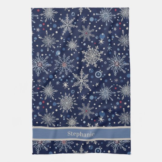 Navy Blue Winter Snowflake Custom キッチンタオル (縦)