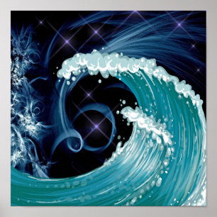 Navy Blue Wispy Sky Japanese Wave Art ポスター
