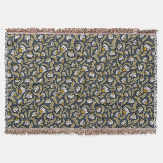 Navy Blue with Coneflowers Floral スローブランケット (正面)