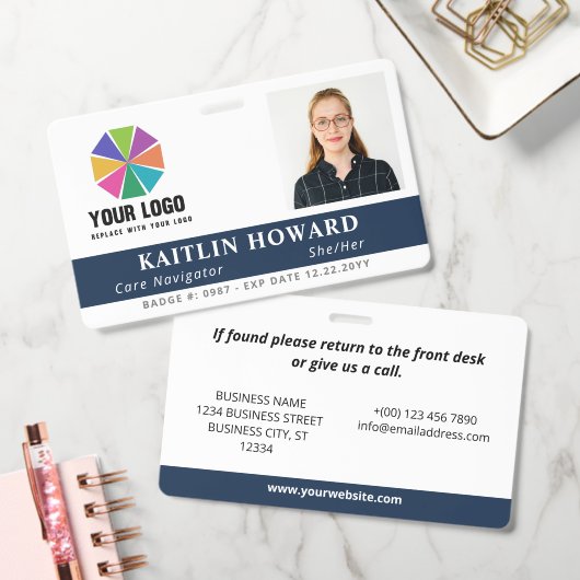 Navy Blue with Logo Photo Pronouns Employee ID バッジ (オフィス)