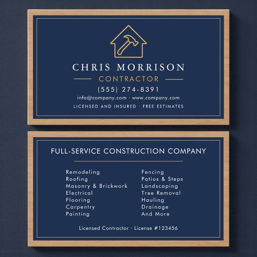 Navy Blue Wood Building Construction Business Card 名刺