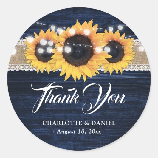 Navy Blue Wood Burlap Lace Sunflower Wedding ラウンドシール (正面)