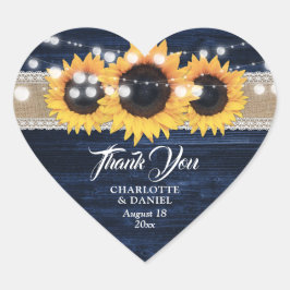 Navy Blue Wood Burlap Lace Sunflower Wedding Favor ハートシール