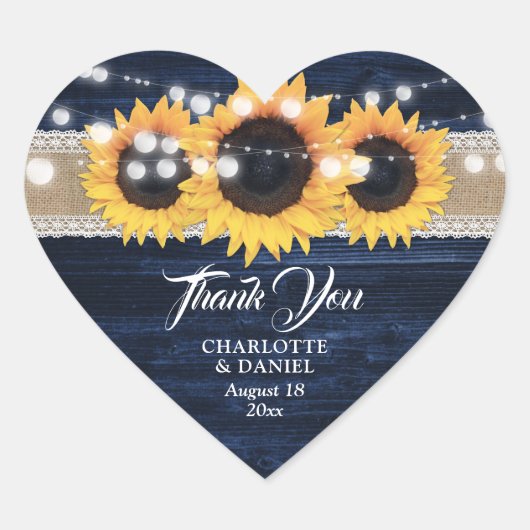 Navy Blue Wood Burlap Lace Sunflower Wedding Favor ハートシール (正面)