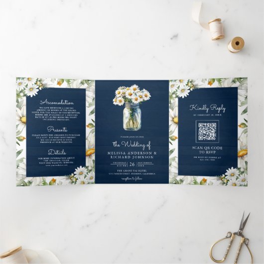 Navy Blue Wood Daisies Mason Jar QR Code Wedding 三つ折り招待状 (内部)