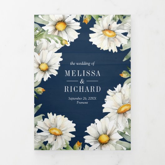 Navy Blue Wood Daisies Mason Jar QR Code Wedding 三つ折り招待状 (カバー)