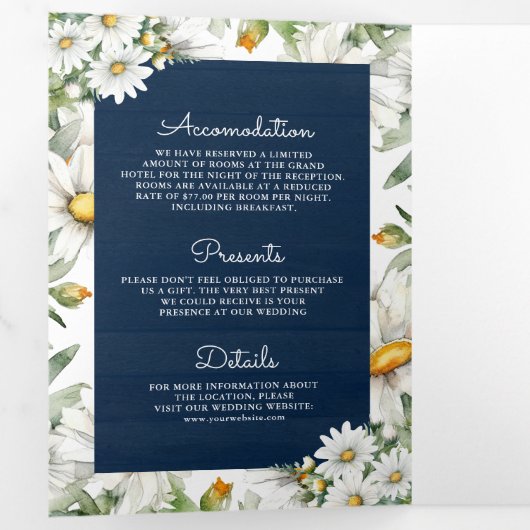 Navy Blue Wood Daisies Mason Jar QR Code Wedding 三つ折り招待状 (内部最初)