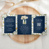 Navy Blue Wood Daisies Mason Jar QR Code Wedding 三つ折り招待状