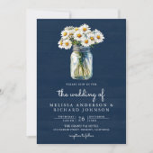 Navy Blue Wood Daisies Mason Jar QR Code Wedding 招待状 (正面)